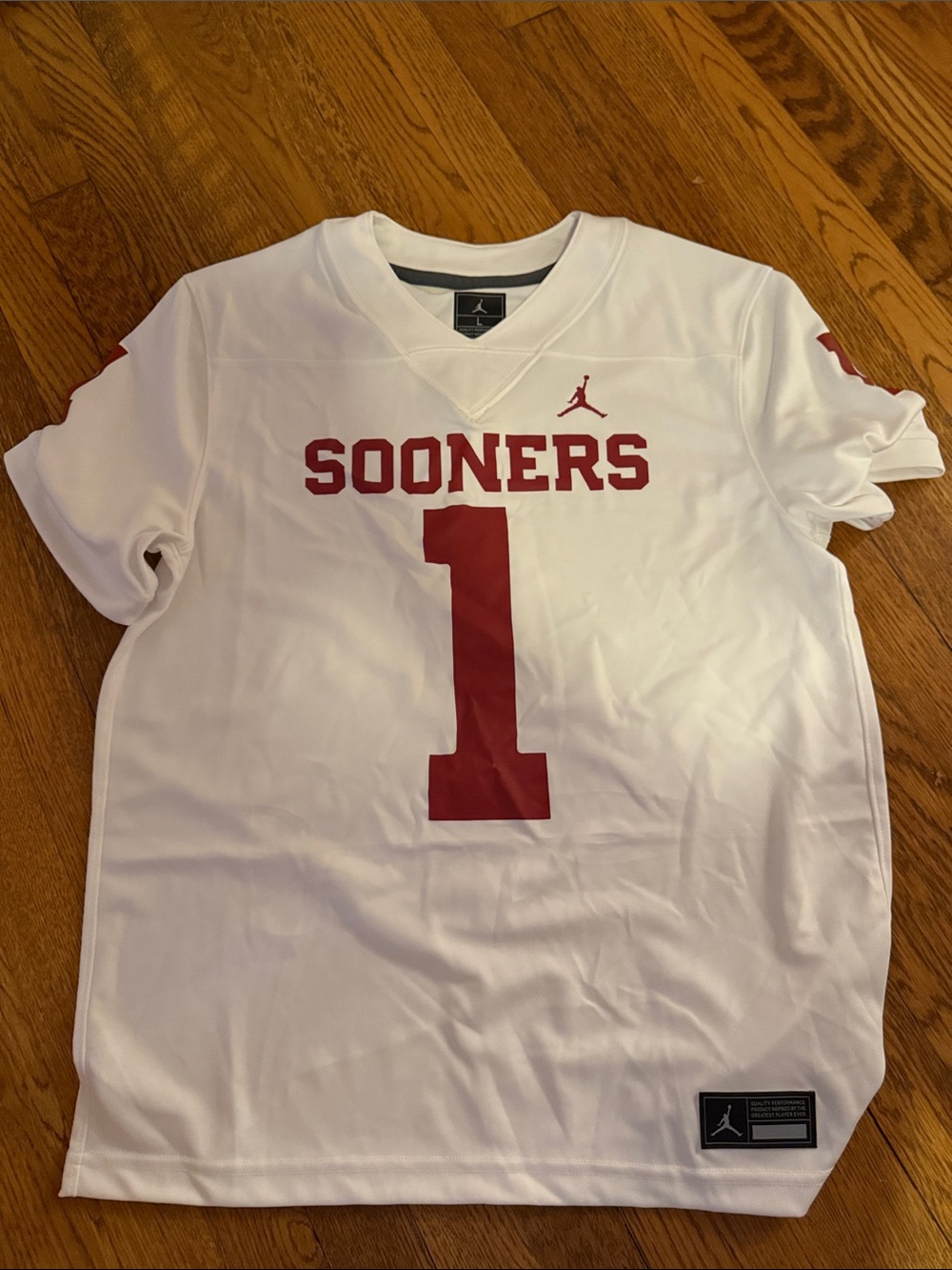 Jordan White Jersey with Red 'Sooners' and #1